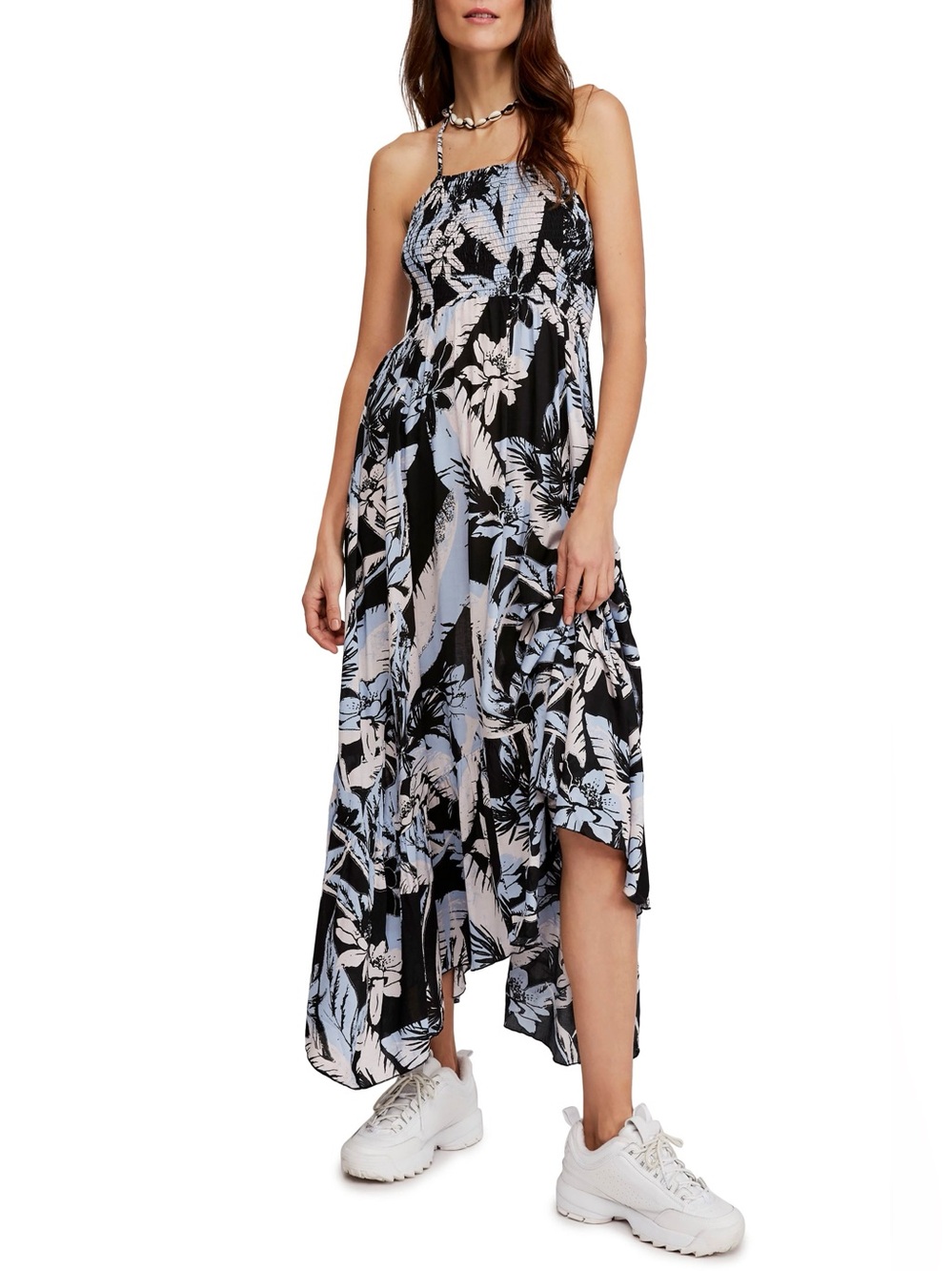 Free People Wms Heat Wave Blue Floral Tropical Smocked Asymmetric Maxi Dress XL